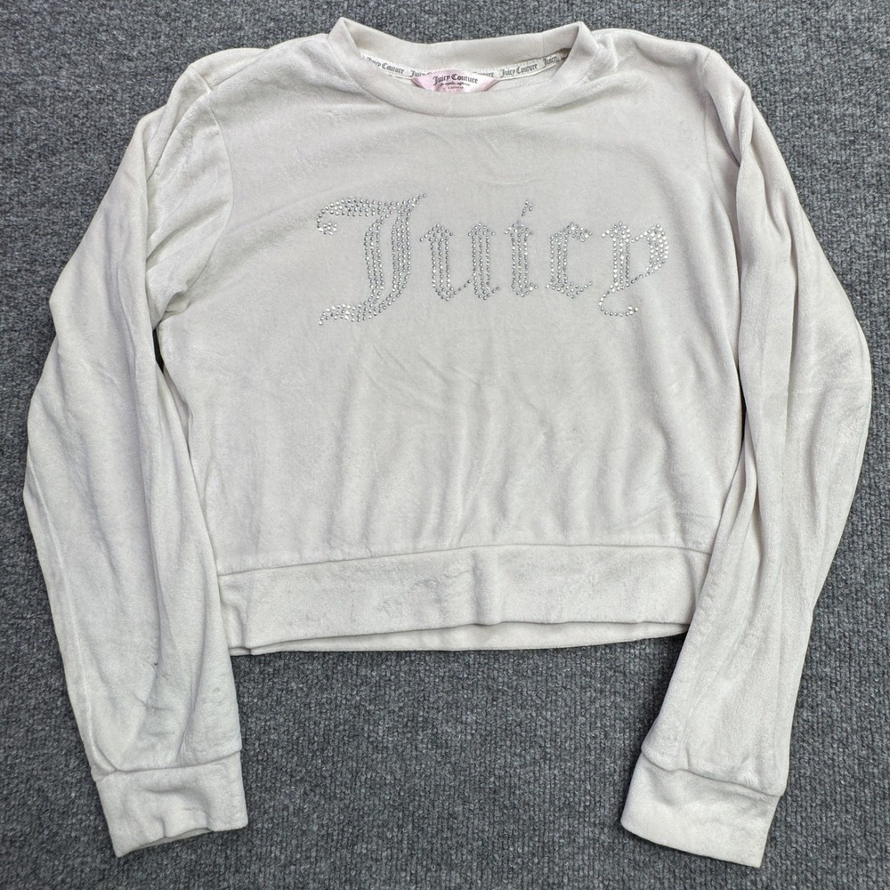 Juicy Couture Velour Sweatshirt Womens S Cream Crew Neck Rhinestone Y2K